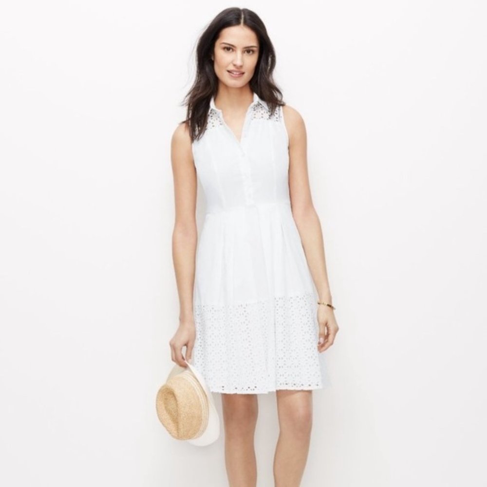 Ann Taylor White Eyelet Shirt Dress Sleeveless Button Down Sz 0